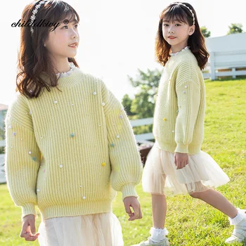 

2020 New Autumn Baby Girl Sweater Pearl decoration Girls Knitted pullover Clothes children's clothing Kid Sweet Sweater For Girl