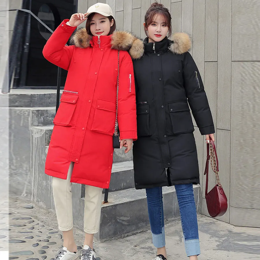 buy  Fur Hooded Long Winter Cotton Coats Women Solid Pockets Plus Size Jackets Coats Korean Female Thick