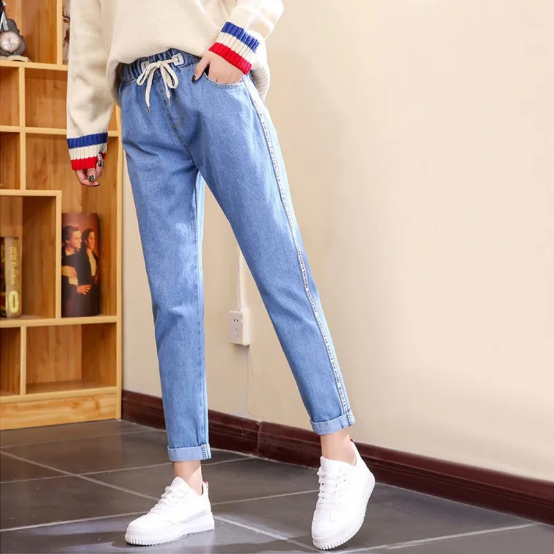 Woman's Jeans Casual Stretch Trousers High Waist Light Blue Plus Size Sweet Loose Jeans Buttons Washed Denim Nine Harem PantsW