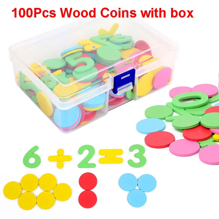 100pcswithbox Детские деревянные для счета математические игрушки арифметическая игрушка Ditigals 0-9 упражнений Сортировка дисков круговой цвет Математика Геометрическая деревянная фишка - Цвет: 100pcswithbox
