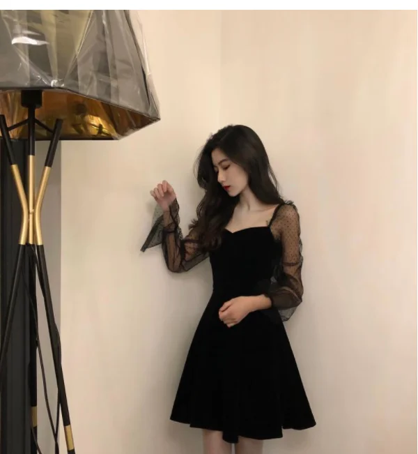Dresses Womens Summer Vintage A-Line Solid Mesh Flare Sleeve Knee Length Square Collar Elegant Feminine Sexy Chic Women 2020 New business casual women
