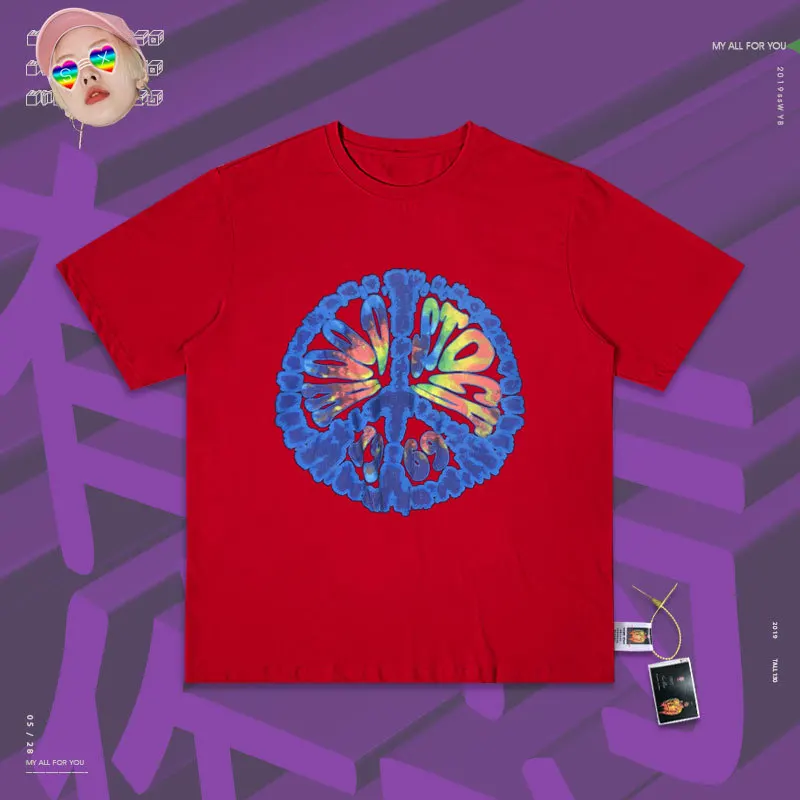 Ins High Street Girl/европейские товары, серия футболок ручная живопись маслом используется короткий рукав ленивый ветер студенческий уличный круглый - Цвет: red