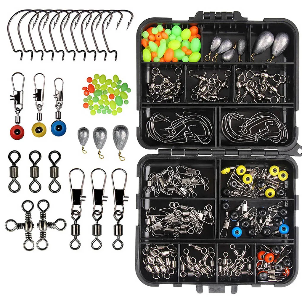 160pcs/set Fishing Tackles Set Jig Hooks Beads Sinkers Weight Swivels Snaps Sliders Kit Angling Accessory