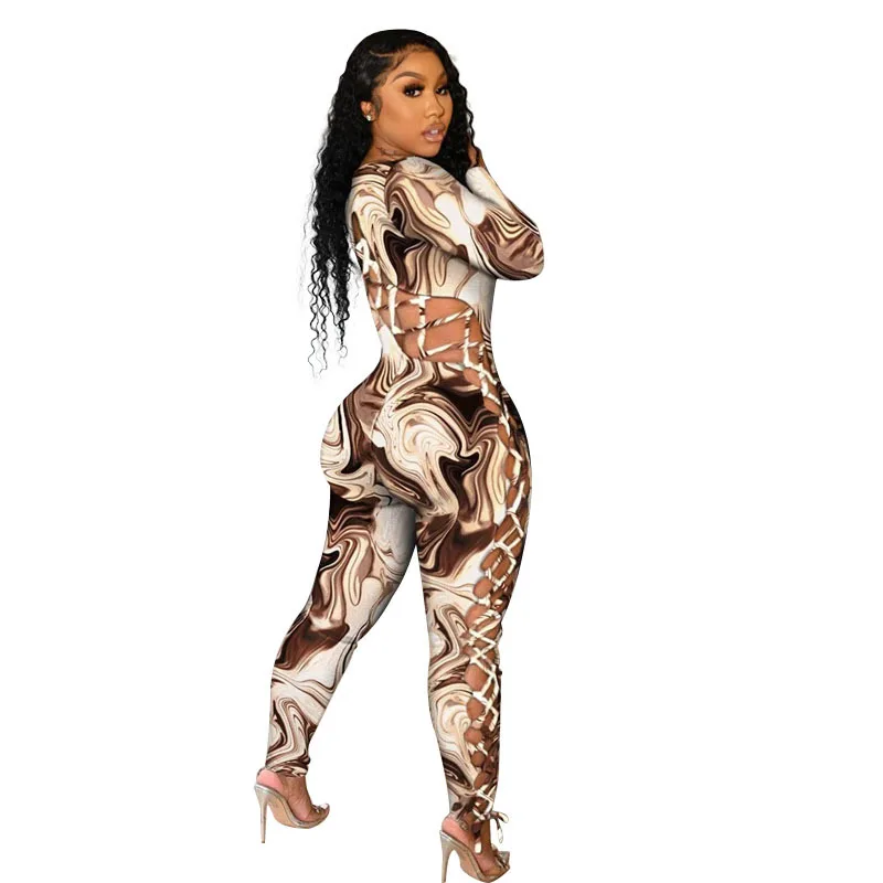 Large size ladies jumpsuit new autumn and winter hot style long-sleeved sexy low-cut tether tight-fitting printed hollow women's shorts and blazer suit set