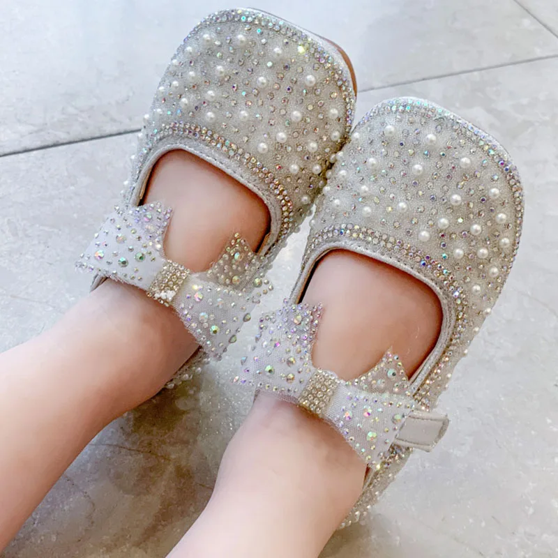 Spring New Girls Single Princess Shoes Pearl Shallow Children's Comfortable Flat Shoes Kid Baby Rhinestone Bowknot B207 girls shoes girls flats