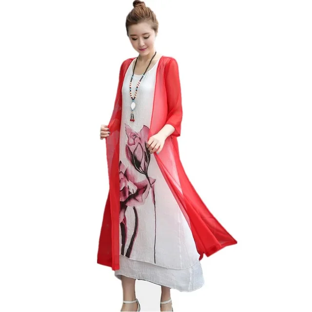 Красный Boho, женское летнее платье, офисное, винтажное, Украинское, кимоно, с чернильным принтом, с коротким рукавом, Пляжное, хлопковое, льняное, двухсекционное платье - Цвет: Красный