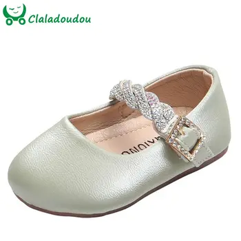 

12-15.5cm Bling Rhinestones Solid Color Princess Shoes Green Pink Beige Toddler Girls Pu Leather Flats Shoes 0-3Year Infant Shoe