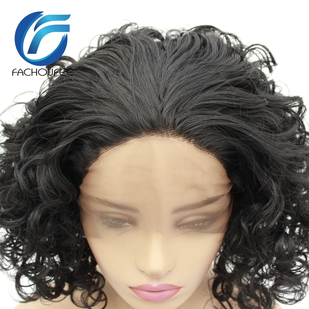 FACHOUFEE черный цвет короткий Боб Glueless кружевные парики Кудрявые Доступные синтетические волосы на кружеве парики для женщин