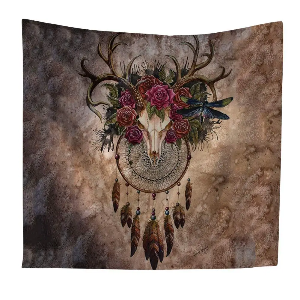 

Buffalo Skull with Feathers on Golden Mandala Animal in Boho Style Hand Catcher Cow Dream Ethnic Head Decor