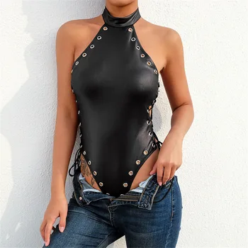 

Sexy PU Leather Lingerie Bodysuits Women Erotic Leotard Costumes Rubber Flexible Hot Latex Catsuit Metal Hole Porno Costumes