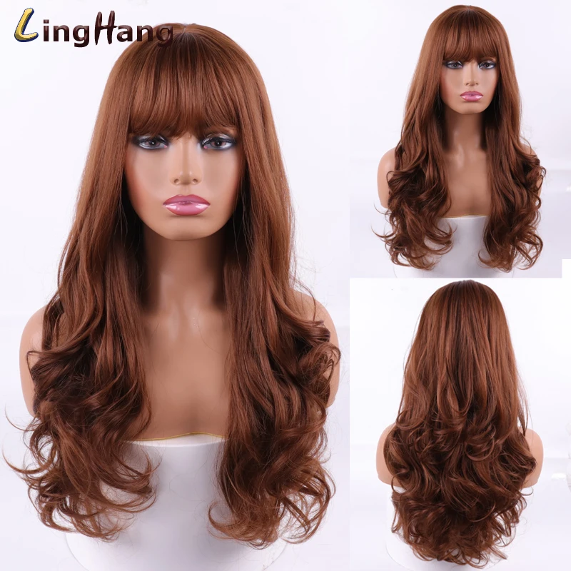 

LINGHANG Long Wavy Brown Gold Black Wigs with Bangs Heat Resistant Synthetic Wigs for African american women Wigs