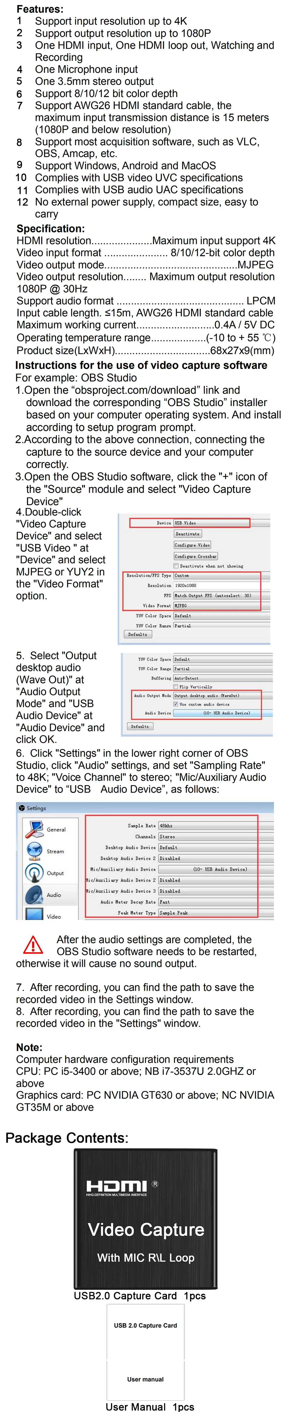 Description Picture 6 of item4K USB2.0 Video Capture Card USB 2.0 HDMI Video Grabber Record Box with Mic loop R/L for PS4 Game DVD Recording Live Streaming