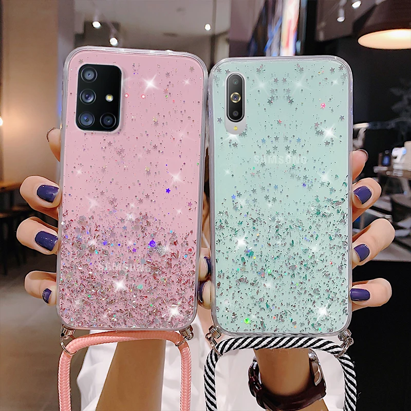 samsung s22 ultra case With Neck Strap Rope Cord Clear Glitter Case For Samsung Galaxy A51 A50 A71 A70 S20 FE S21 Ultra S10 Plus A72 S22 A12 A32 A52 galaxy s22 ultra leather case