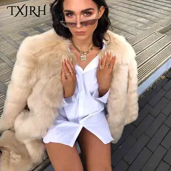 

TXJRH Winter Korea Turn-down Collar Hairy Shaggy Faux Mink Fur Furry Coat Warm Long Sleeve Fashion Women Jacket Long Outerwear
