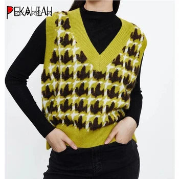 

Vintage V-Neck Oversize Vest Pullover Women Knitted Sweater Fashion Slim Warm Office Elegant Sweater Casual Loose Chic Tops 2020