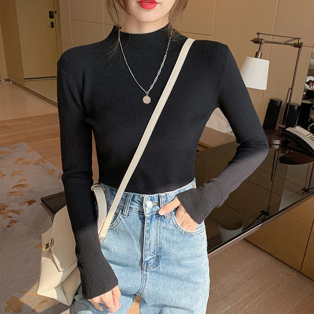 AOSSVIAO Turtleneck Sweater Women Fashion 2021 New Stretch Tops Women Knitted Pullovers Long Sleeve Bottoming Knitted Sweater black