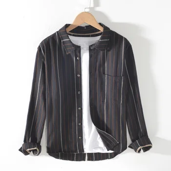 

2020 Men Spring Fashion Japan Style Vintage High Quality Minimalism Cotton Linen Long Sleeve Shirts Male Stripe Casual Loose Top
