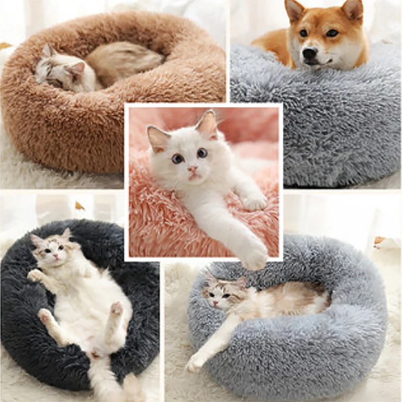 Luxury Fluffy Pet Bed Dog Puppy Fur Donut Cuddler Soft Cushion Plush Round Creative Kennel Cat
