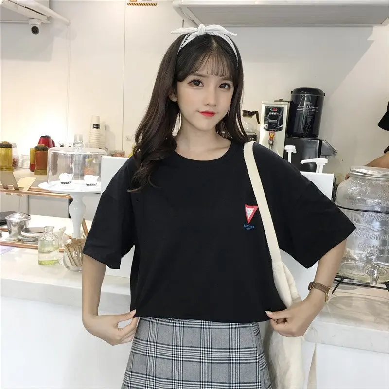 Летние женские футболки Япония Ulzzang Милая Повседневная Свободная футболка с буквенным принтом женский милый Ins шикарный Топ для женщин Женская туника