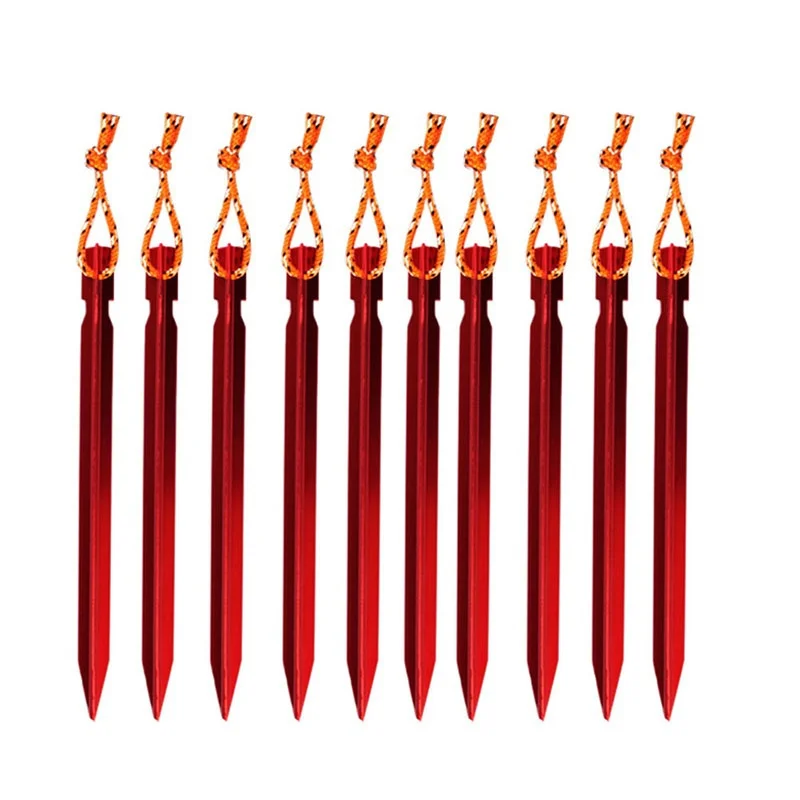 

Campingaccessorie niceEshop 10 Pcs Tent Stakes Tent Pegs Ultralight Aluminum Camping Hiking Peg with Pull Cords & Pouch