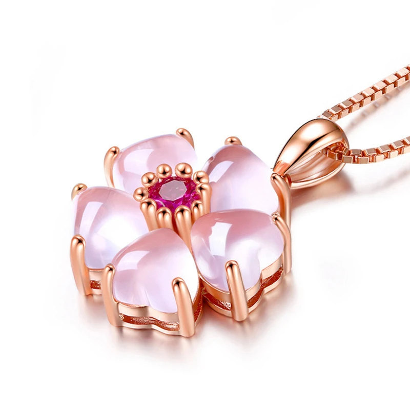 Cherry Blossom Pendant Necklace Sweet Women's Pink Crystal Rose Gold