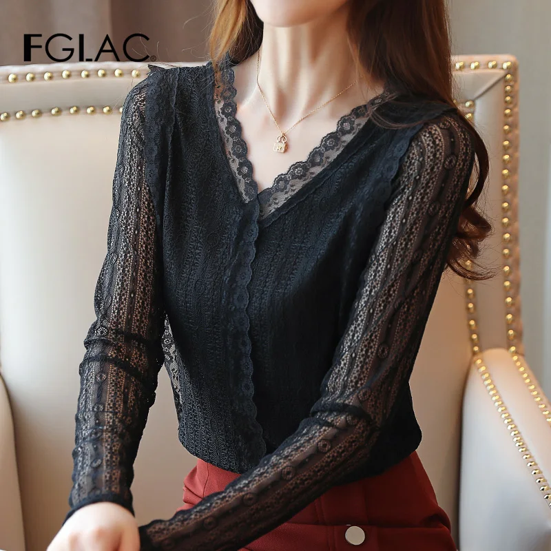 

New Arrivals women blouse shirt Fashion casual long sleeve Lace tops Fashion casual v-neck women tops plus size blusas