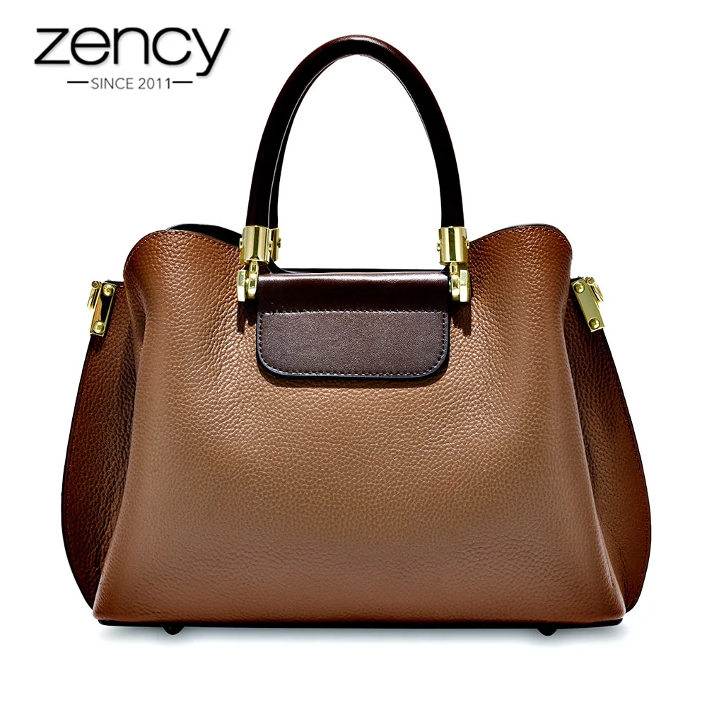 Модная коричневая офисная дамская сумка тоут Zency из 100% натуральной кожи Женский