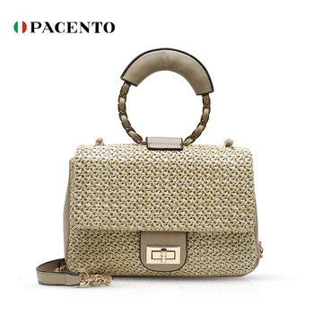 

PACENTO Rattan Woven Straw Bag Summer Beach Handbag Circle Handle Women Bags 2020 Pu Leather Handbags Crossbody Bags Shoulder