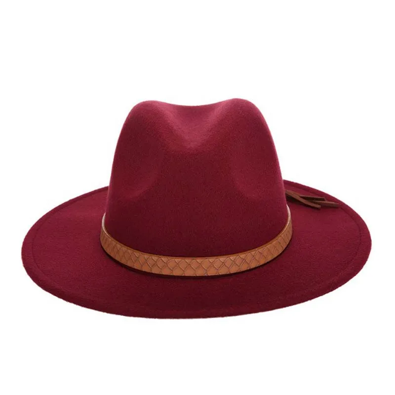 Новая модная мужская шляпа Fedoras зима осень Имитация шерстяная Женская Дамская джазовая шляпа кожаный ремешок джентльмен с широкими полями шляпа Fedora панама