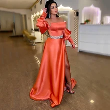 Robe de bal en Satin Orange, grande taille, fente latérale haute, épaules dénudées, manches longues, robe de soirée formelle, ligne A 