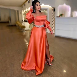 Plus Size Orange Satin Side High Slit Prom Dresses For Woman Star Off Shoulder Long Sleeves Formal Party Gown A Line Vestidos