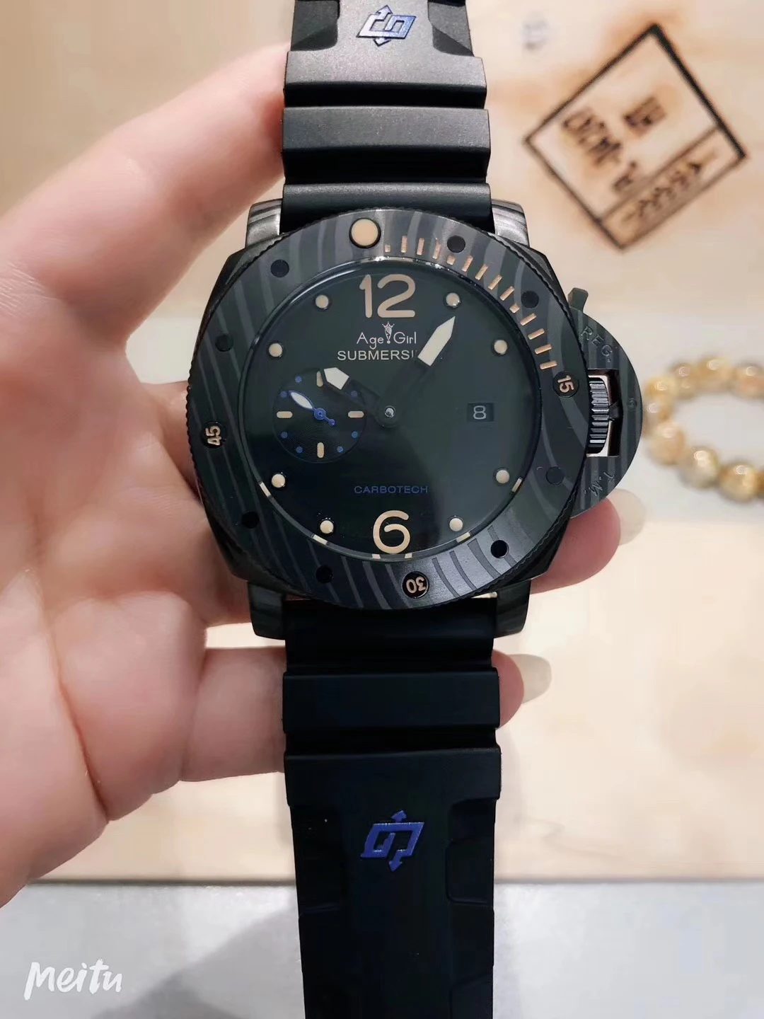 

Brand New Men Automatic Mechanical Sapphire Stainless Steel Carbotech Black Rubber Leather Watch Luminous Blue Carbon Bezel AAA+