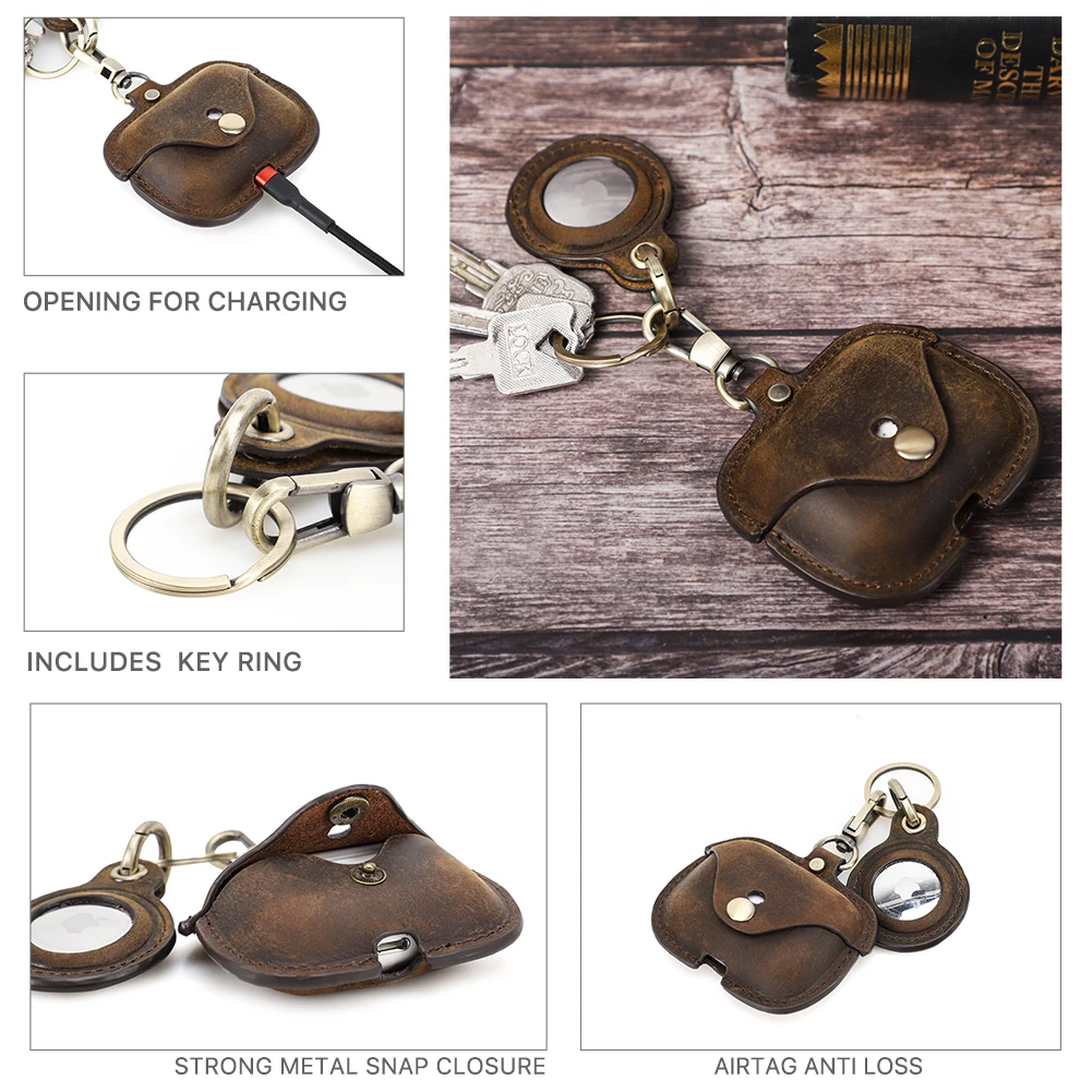 Case de Couro para Airpods Carregamento sem Fio Bluetooth com Chaveiro Pro e Airtag Retro Capa Airpod Caixa Acessórios 3 - Image 6