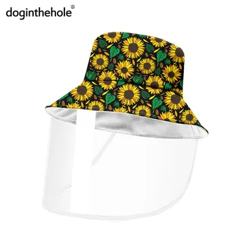 

doginthehole Women Spring Sunbonnet Sun Hat Detachable Clear Facial Mask Yellow Sunflower Pattern Men Bucket Hat Dustproof