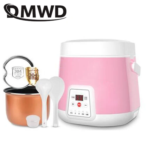 Pink and White DMWD Мини рисоварка Электрический нагрев Ланч-бокс тушеная суп лапша приготовления яиц Пароварка еда Ланчбокс торт производитель 1.2L - Цвет: Pink and White