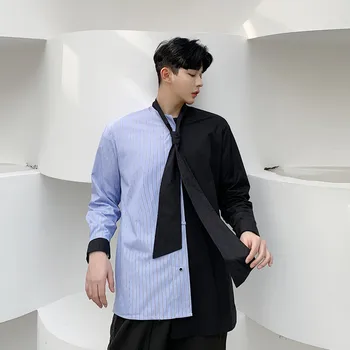 

EWQ / men's wear Niche Design all-match Color block Asymmetry Shirt for Male Long Sleeve Stand stand Bandage 2020 spring 9Y1475