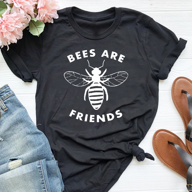 Bees Are Friends, футболка, уличная одежда, хипстер, женская футболка, для девочек, трендовая, защищающая от опыления, рубашки, хлопок, Tumblr, топы, Прямая поставка - Цвет: Черный