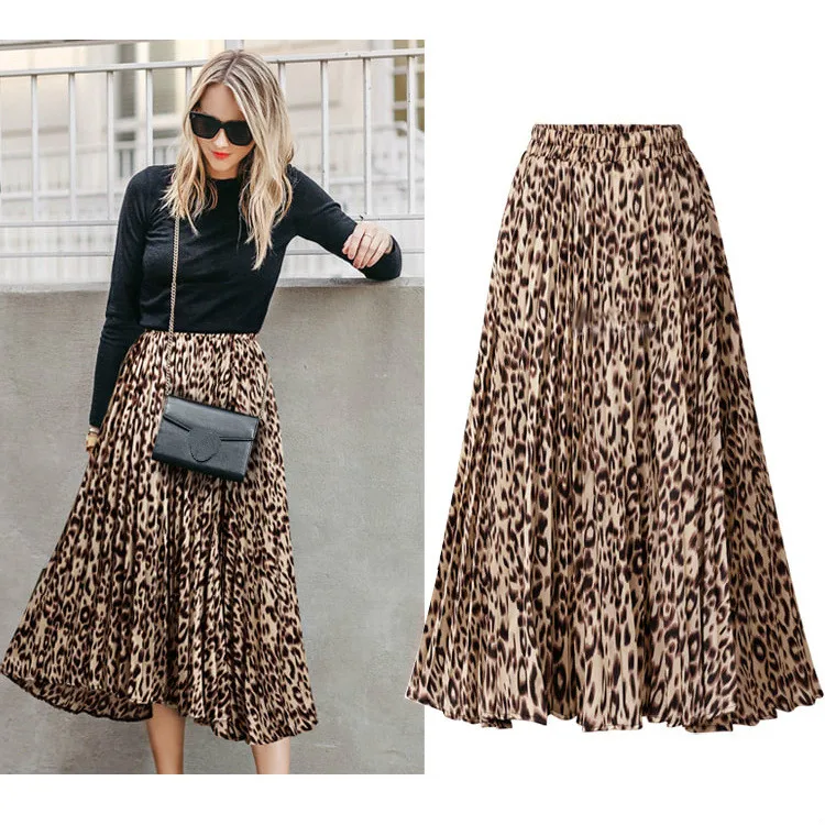

Plus Size Leopard Print Skirts Womens New Spring Autumn A Line Pleated Long Skirt Casual High Waist Maxi Skirts Woman Streetwear
