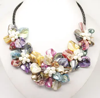 

natural white pearl & Multicolor shell pearl 5 flower pendant necklace long 18inch
