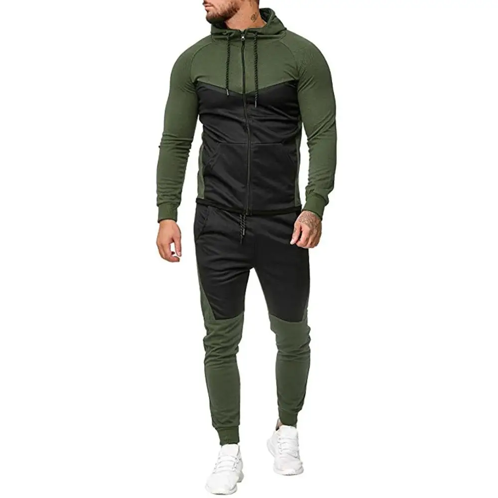 

Tracksuit Men Splicing Zipper Autumn Hooded Sweatshirt +Drawstring Pants Sets Male Stripe Print Patchwork Hoodies