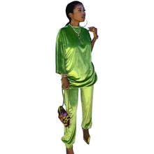 Неоновый зеленый оранжевый бархатный женский комплект 2 шт. спортивный костюм топы с длинными рукавами и брюки зима осень фестиваль Велюровый комплект из двух предметов