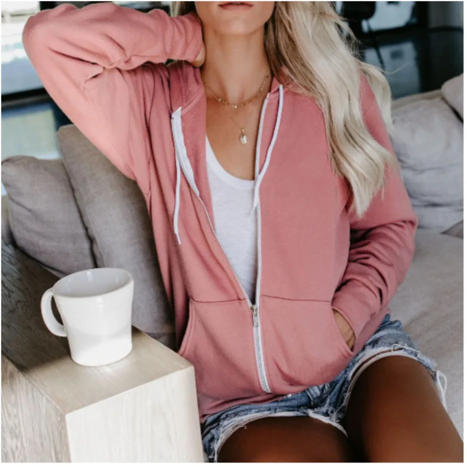 pink colour Женская уличная толстовка с капюшоном на молнии Тонкий черный белый Повседневный длинный женский спортивный костюм - Цвет: pink colour