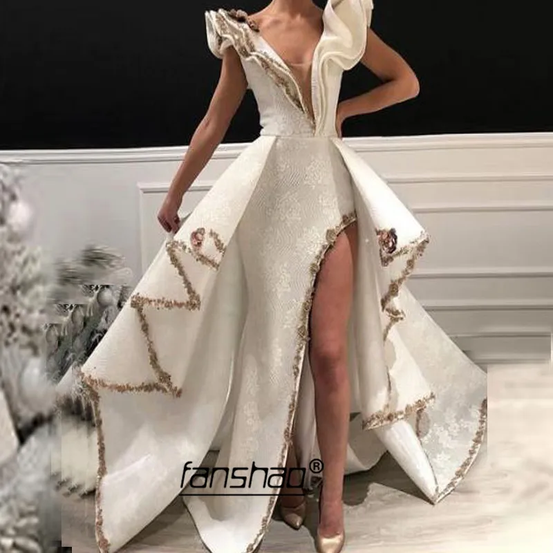 

Ivory Evening Dress Applique Mermaid Slit Ruffle Special Occasion Party Dress Islamic Dubai Saudi Arabic Evening Gown Prom Dress