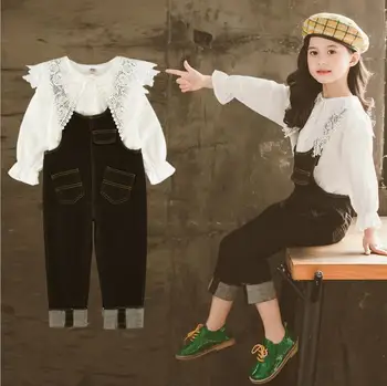 

girls clothes sets 2020 spring cotton lace blouse and jeans 2 pcs sets children clothing wholesale 6pcs/lot