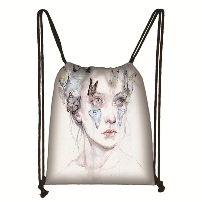 Чернильная живопись девушка/Многоэлементный узор drawstring сумка Модная девушка холст мягкий рюкзак женская Женская дорожная сумка для хранения - Цвет: duobian08