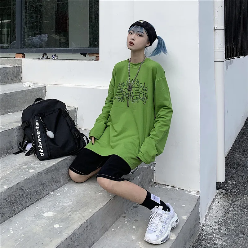 Lychee Harajuku, чистый цвет, длинный рукав, женская футболка, пламя, буквенный принт, осень, женская футболка, свободная, зеленая, женская футболка