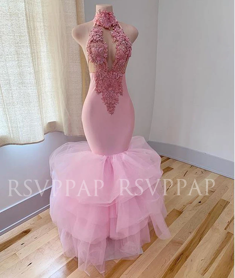 Roze Mermaid Prom Jurken 2020 Sexy See Through Top Kralen Applicaties Hoge Hals Tiered Afrikaanse Zwarte Meisje Lange Prom Jassen Roze Mermaid Prom Jurken 2020 Sexy See Through Top Kralen Applicaties Hoge Hals Tiered Afrikaanse Zwarte Meisje Lange Prom Jassen