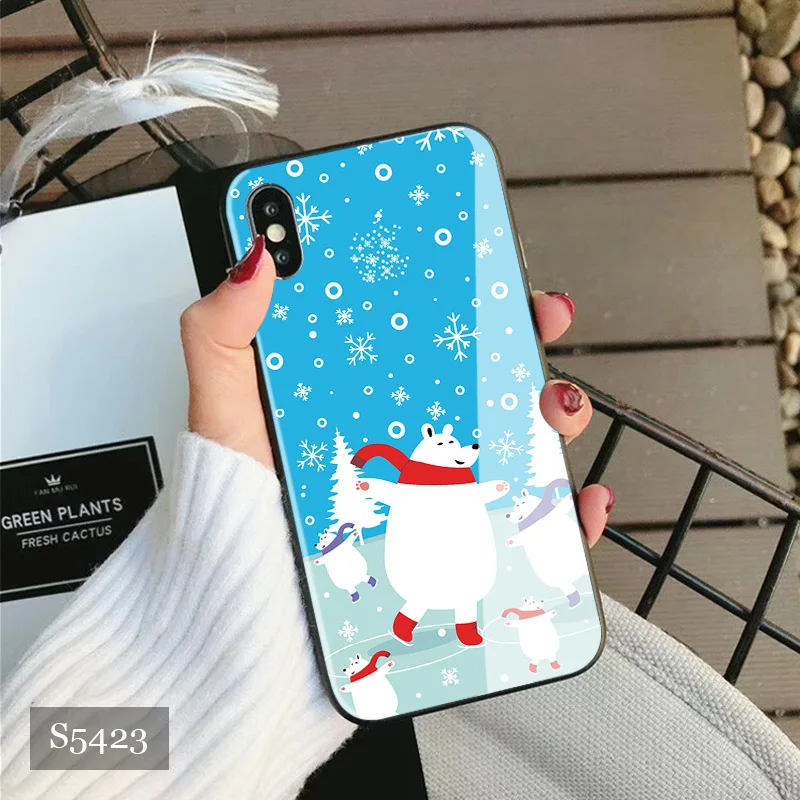 Милый чехол из закаленного стекла для iPhone XS MAX X XS XR Merry Рождественский Снеговик покрытие с медведем для iPhone 7 8 Plus 6 6s Coque - Цвет: S5423