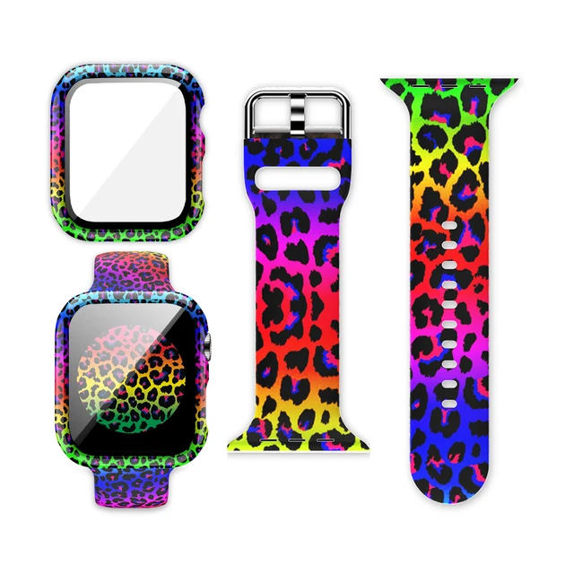 Case+Bands for Apple Watch Band 44 40 42 38mm with Screen Protector Cover, Glass+Silicon Wristband Strap for iWatch SE 654321 Color Leopard