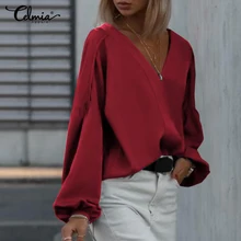 

Celmia Women's Streetwear Shirts 2022 Spring Summer Satin Holiady Office Lady Blouses Lantern Sleeves Sexy V Neck Solid Blusas
